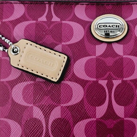 COACH Fushia Signature Logo Canvas and Leather Top Zip Wristlet Wallet Organizer - Picture 5 of 16